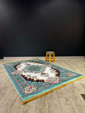 Turkish Rug showcasing vibrant colours and intricate designs against a black background, enhancing any home decor.