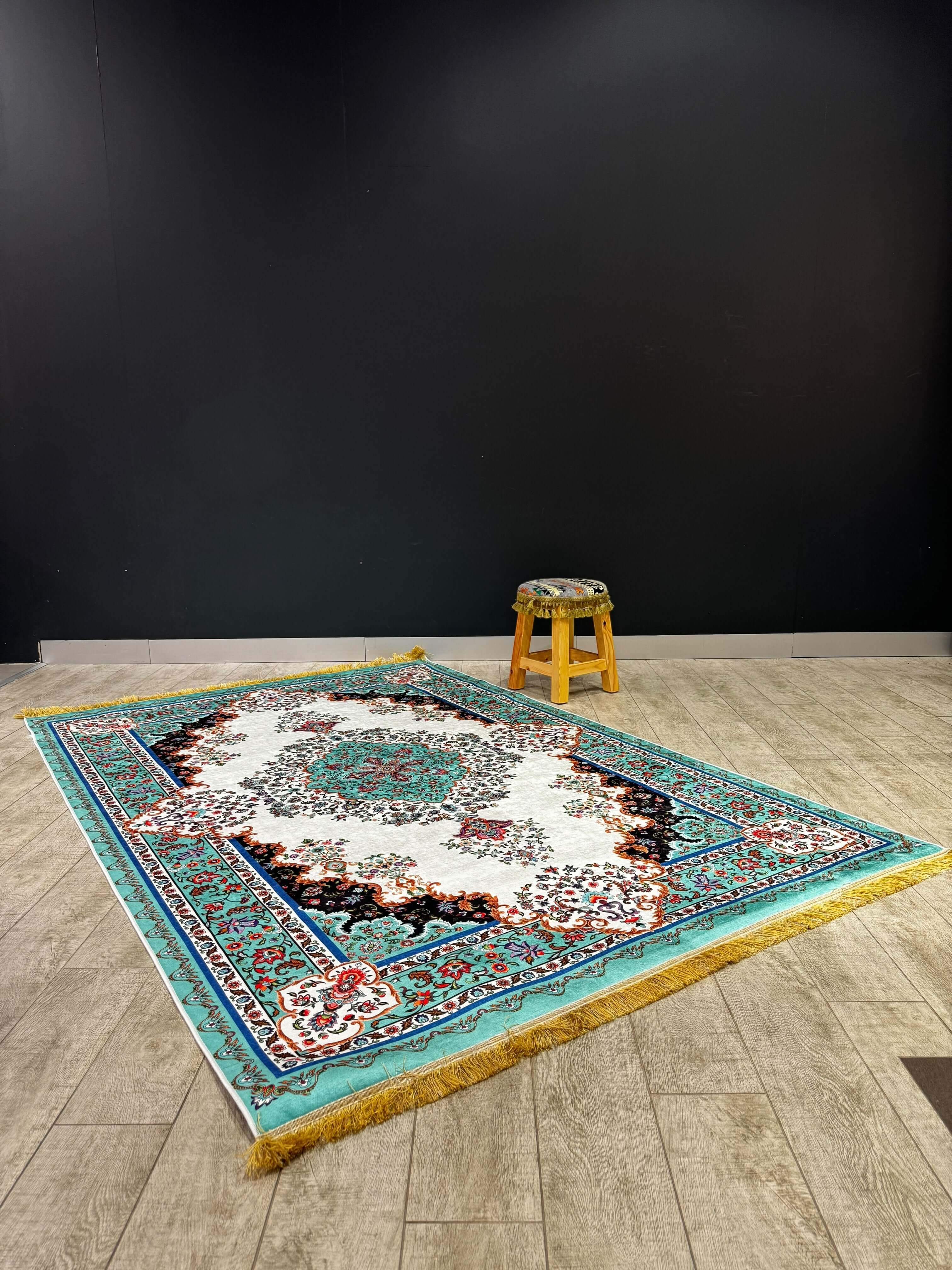 Turkish Rug showcasing vibrant colours and intricate designs against a black background, enhancing any home decor.