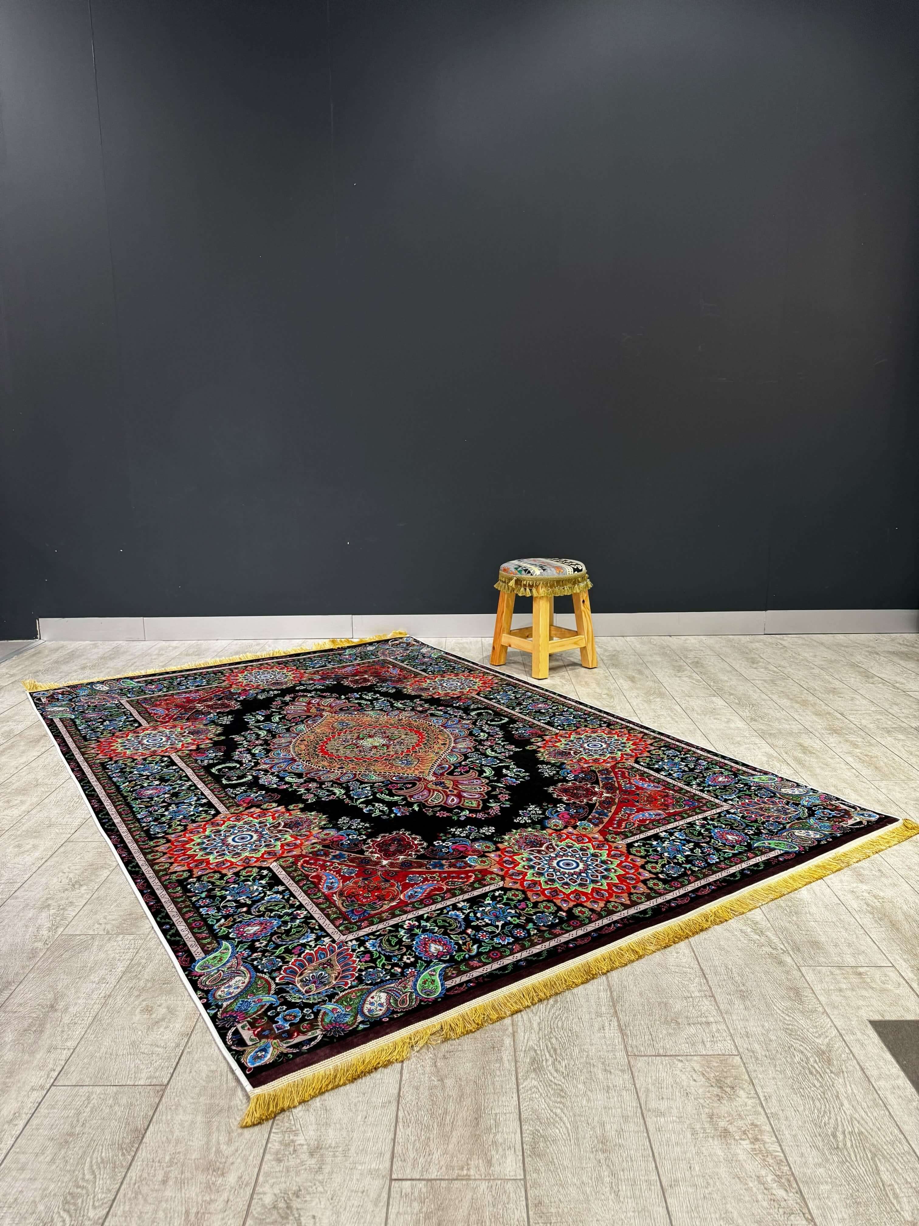 Turkish Rug Heritage Mosaic 150×230 displayed on the floor, showcasing vibrant intricate patterns.