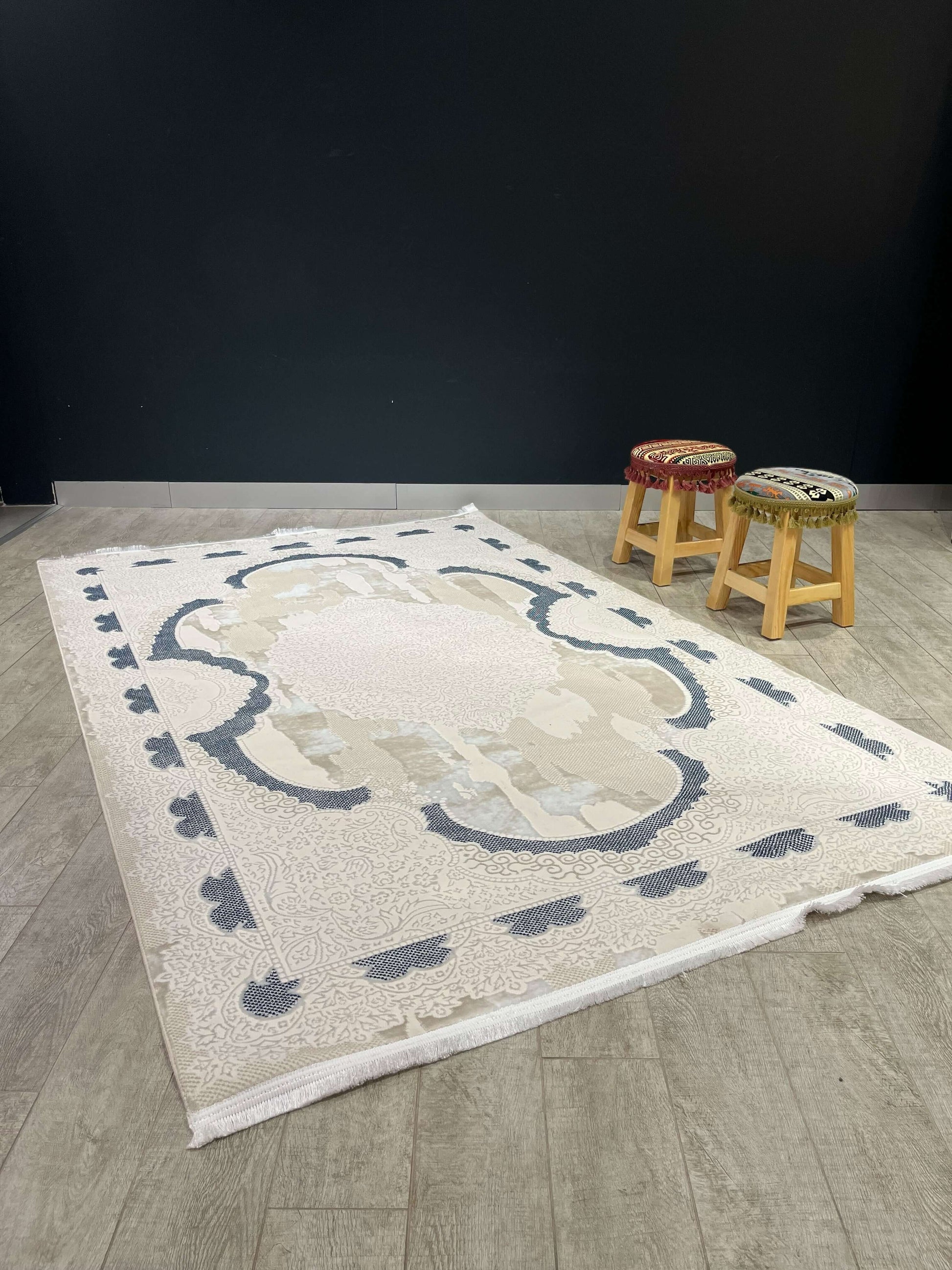 Asaryun Turkish Rugs Bazaar G-Discover the perfect blend of tradition and modernity with our Turkish polyester rug. Featuring a rich blue background with intricate patterns, this durable, easy-to-maintain rug adds elegance to any space. Ideal for high-tra