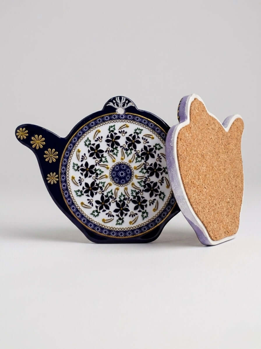 Turkish Teapot Ceramic Coaster featuring intricate patterns and cork base, ideal for adding charm to any table.