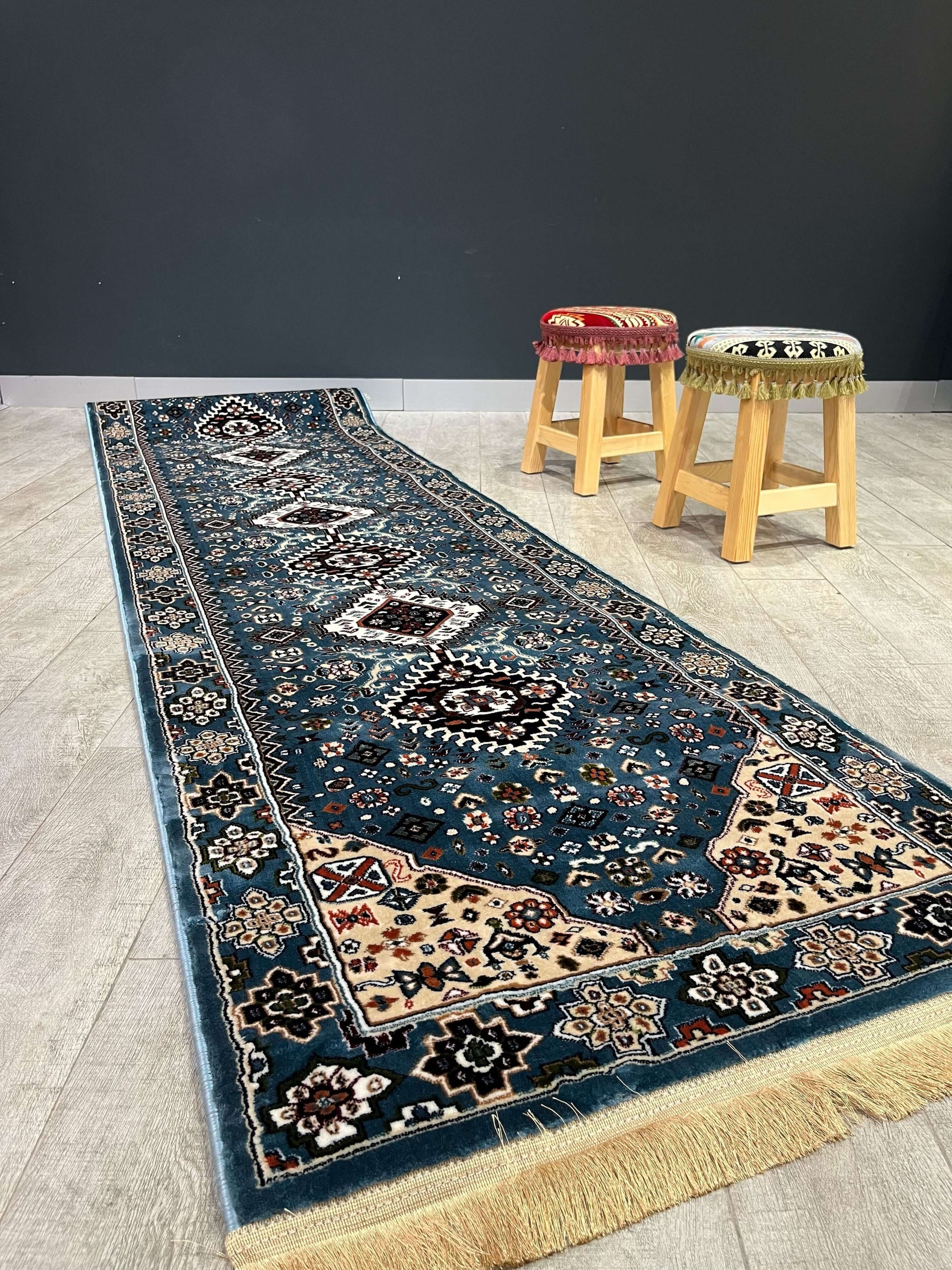 Turkish Traditional Hallway Runner Blue H4320A-Discover the perfect blend of tradition and modernity with our Turkish polyester rug. Featuring a rich blue background with intricate patterns, this durable, easy-to-maintain rug adds elegance to any space. I