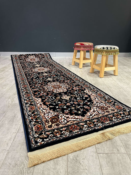 Turkish Traditional Hallway Runner Navy H3846A-Discover the perfect blend of tradition and modernity with our Turkish polyester rug. Featuring a rich blue background with intricate patterns, this durable, easy-to-maintain rug adds elegance to any space. I