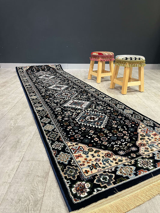 Turkish Traditional Hallway Runner Navy H4320A-Discover the perfect blend of tradition and modernity with our Turkish polyester rug. Featuring a rich blue background with intricate patterns, this durable, easy-to-maintain rug adds elegance to any space. I