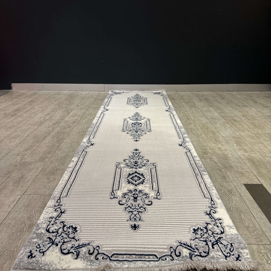 Elegant Blue and White Turkish Hallway Runner 80cm x 300cm with Ornate Design-Discover our elegant Turkish hallway runners, 80cm x 300cm, designed to add timeless beauty to your home. Made with premium materials and intricate patterns, these durable Turki