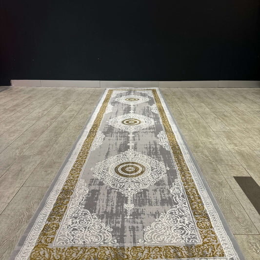 Elegant Grey and Gold Turkish Hallway Runner 80cm x 300cm-Discover our elegant Turkish hallway runners, 80cm x 300cm, designed to add timeless beauty to your home. Made with premium materials and intricate patterns, these durable Turkish rugs are perfect