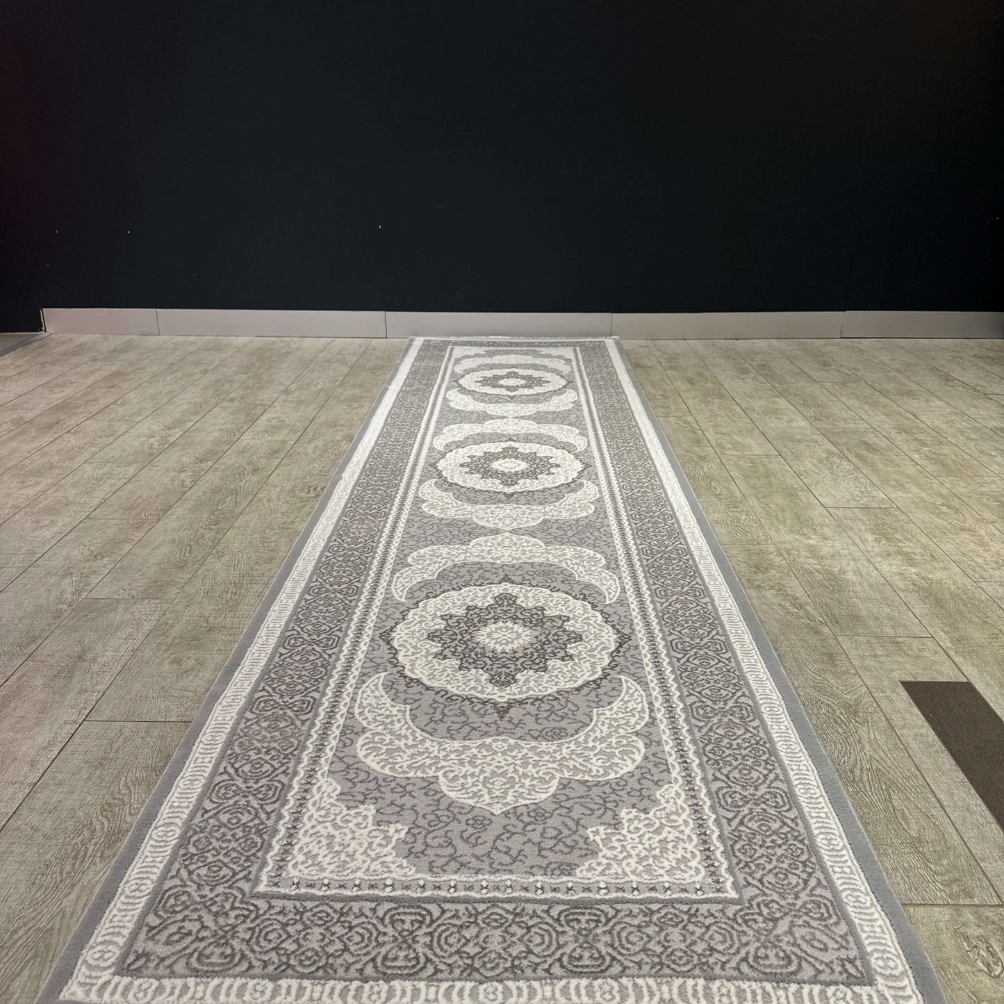 Classic Grey and White Medallion Turkish Hallway Runner 80cm x 300cm