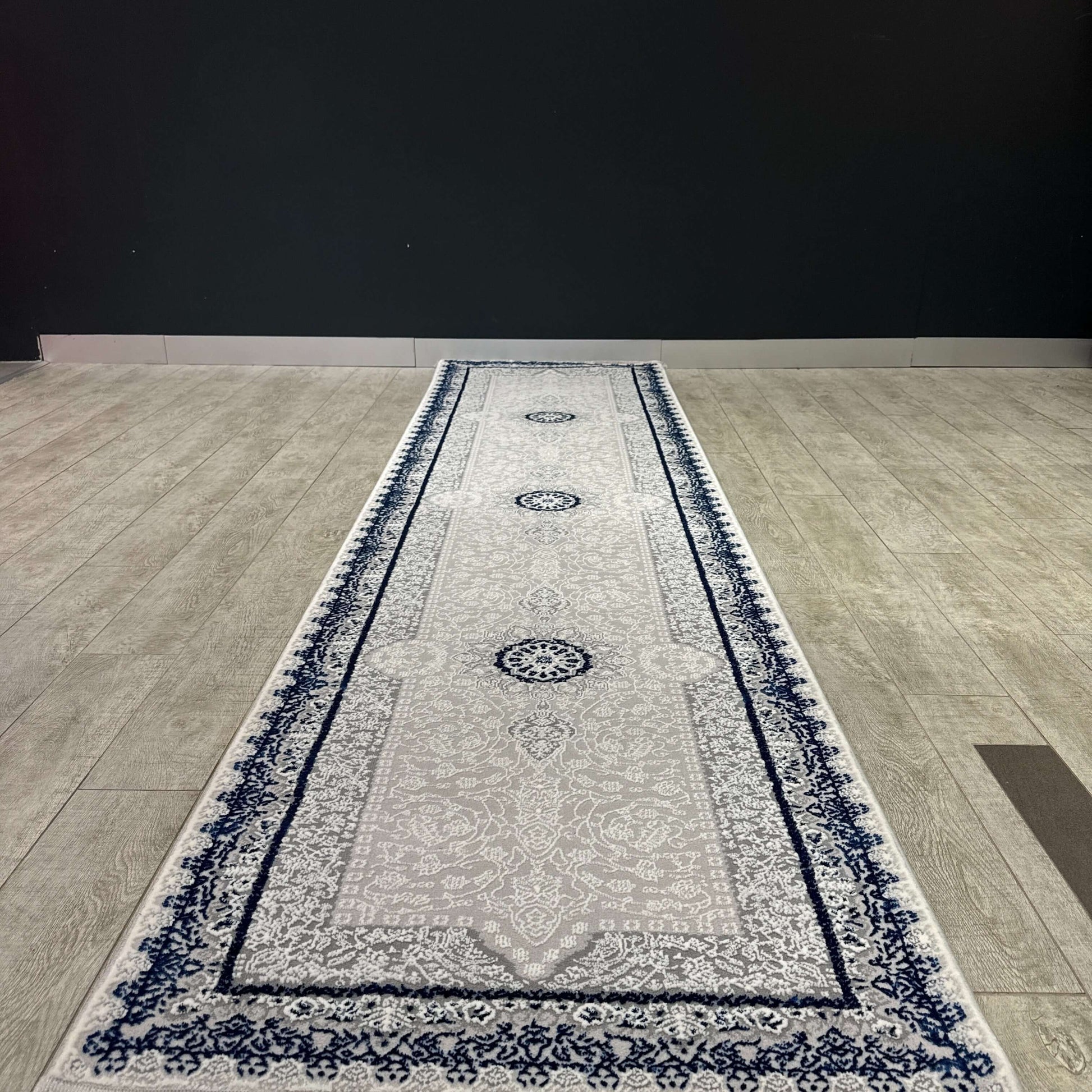 Elegant Blue and White Turkish Hallway Runner 80cm x 300cm