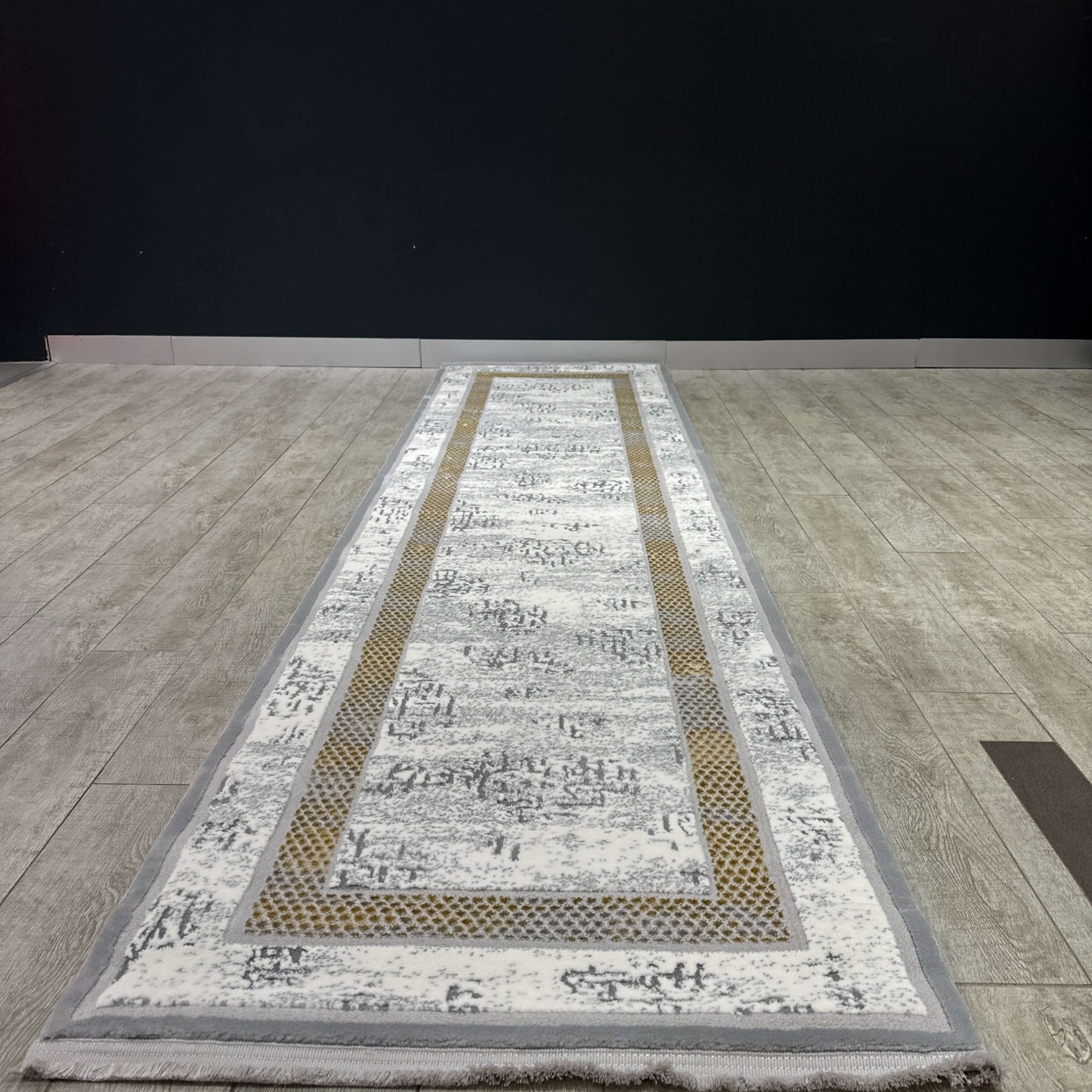 Modern Grey and Gold Border Turkish Hallway Runner 80cm x 300cm