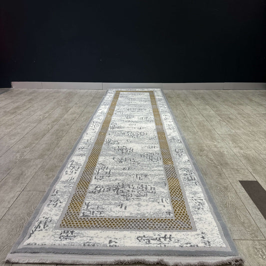 Modern Grey and Gold Border Turkish Hallway Runner 80cm x 300cm-Discover our elegant Turkish hallway runners, 80cm x 300cm, designed to add timeless beauty to your home. Made with premium materials and intricate patterns, these durable Turkish rugs are pe