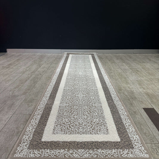 Modern Beige and White Turkish Hallway Runner 80cm x 300cm-Discover our elegant Turkish hallway runners, 80cm x 300cm, designed to add timeless beauty to your home. Made with premium materials and intricate patterns, these durable Turkish rugs are perfect