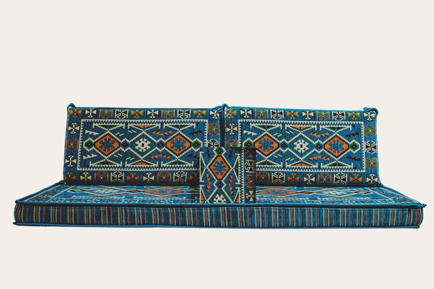 Divan Set ( Floor Cushions ) Blue Pattern OrangeAuthentic decorative and comfortable floor cushions Made in Turkiye, %100 Cotton, washable covers with firm sponge filling 4pc Cushion, 1x 70cmX190cm, 2x Cushion 50cmX95cm 1x 22cmX49cm Experience the eleganc