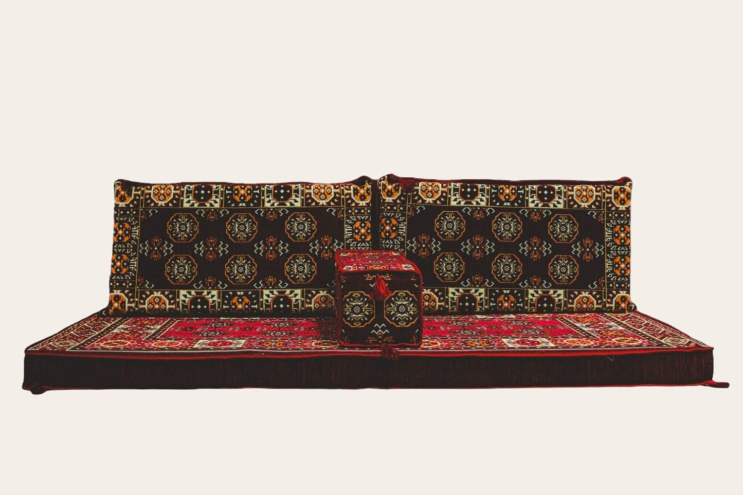 Divan Set ( Floor Cushions ) Dark Red DiamondAuthentic decorative and comfortable floor cushions Made in Turkiye, %100 Cotton, washable covers with firm sponge filling 4pc Cushion, 1x 70cmX190cm, 2x Cushion 50cmX95cm 1x 22cmX49cm Experience the elegance o