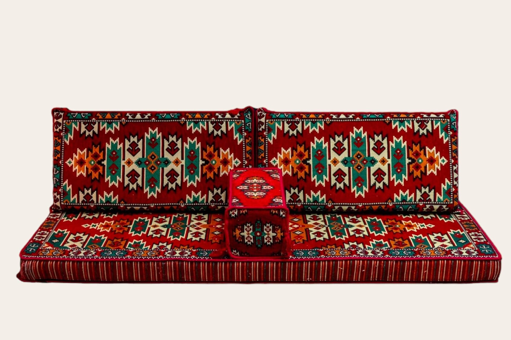 Authentic decorative and comfortable floor cushions Made in Turkiye, %100 Cotton, washable covers with firm sponge filling 4pc Cushion, 1x 70cmX190cm, 2x Cushion 50cmX95cm 1x 22cmX49cm Experience the elegance of a Majlis-style seating arrangement with our