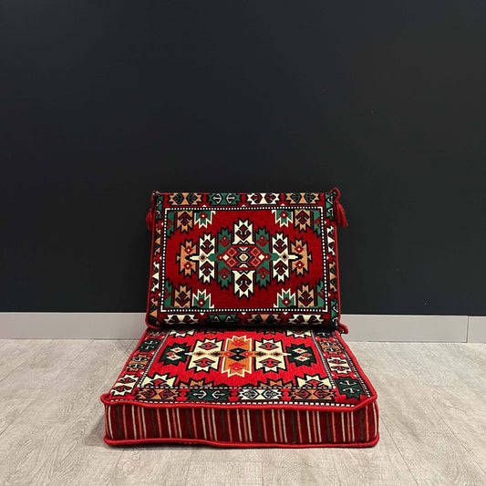 Single Floor Cushions & Majlis Red Green Pattern Floor Cushions   