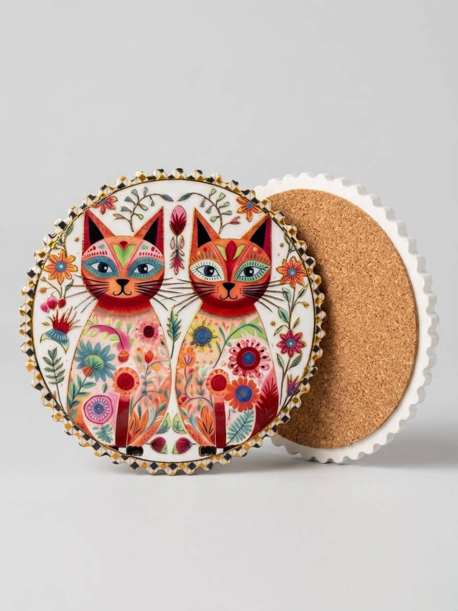 Twin Floral Cat Ceramic Coaster featuring vibrant illustrated cats and a decorative cork base.