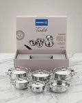 Stainless Steel Cookware Set 9 Piece – Korkmaz Tombik A1800 with pots and lids displayed.