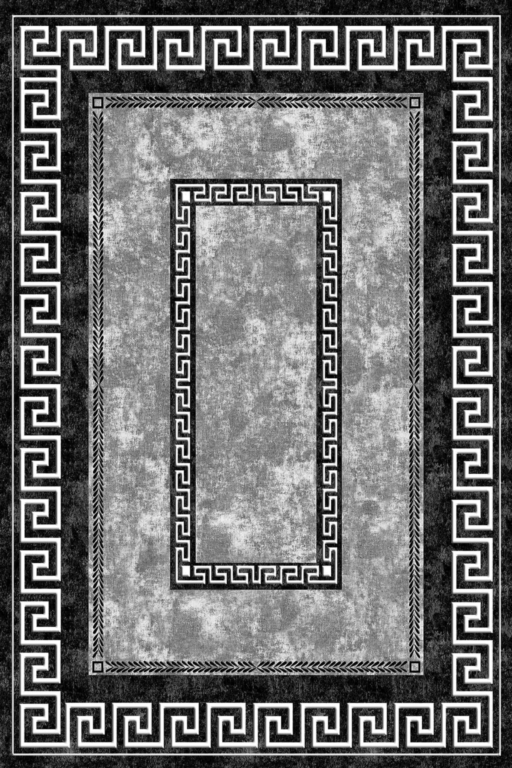 Monochrome Greek Key Border Turkish Rug design featuring bold patterns and timeless black-and-white contrast.