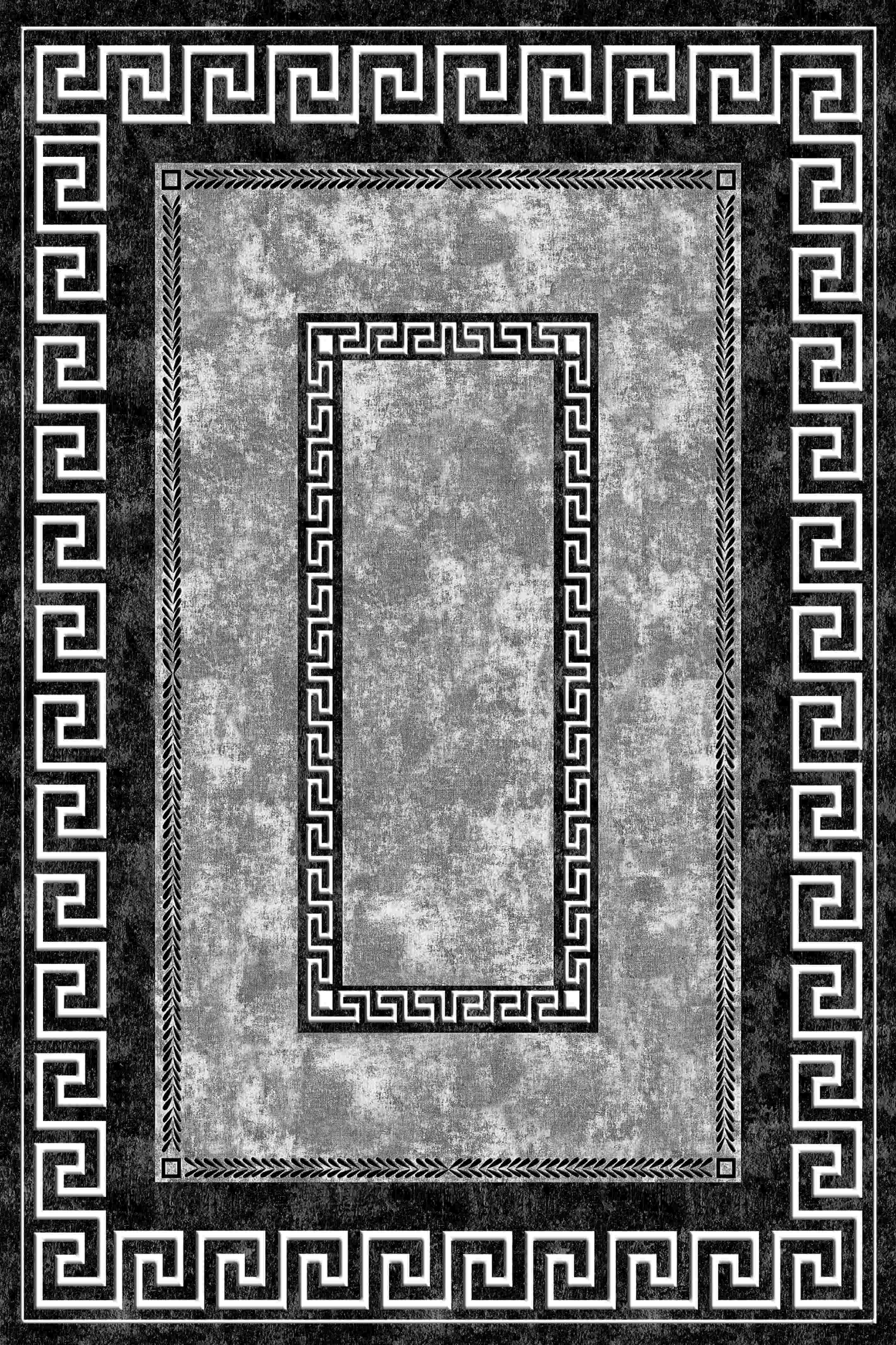 Monochrome Greek Key Border Turkish Rug design featuring bold patterns and timeless black-and-white contrast.