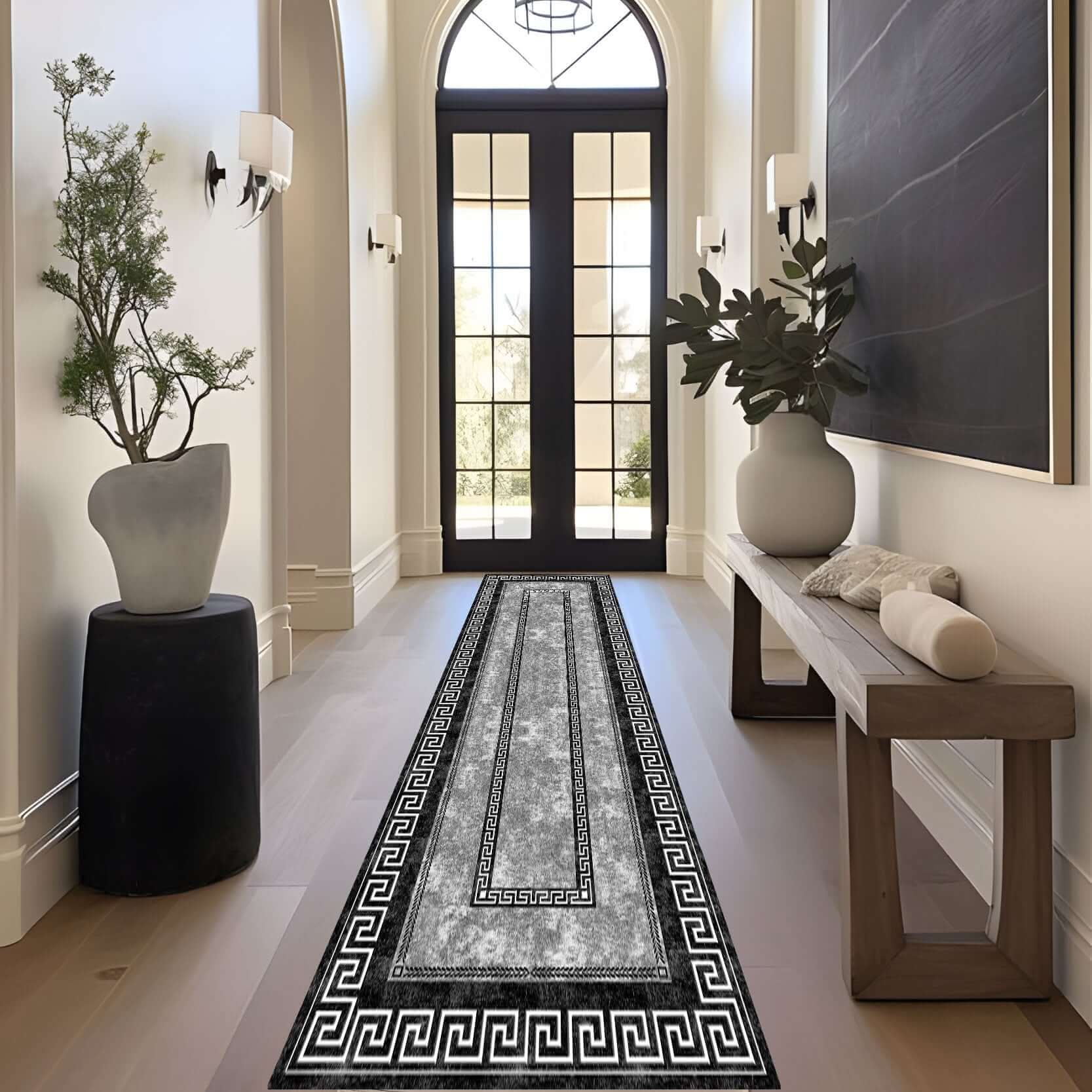 Monochrome Greek Key Border Turkish Rug in a stylish hallway enhancing modern decor and aesthetics.