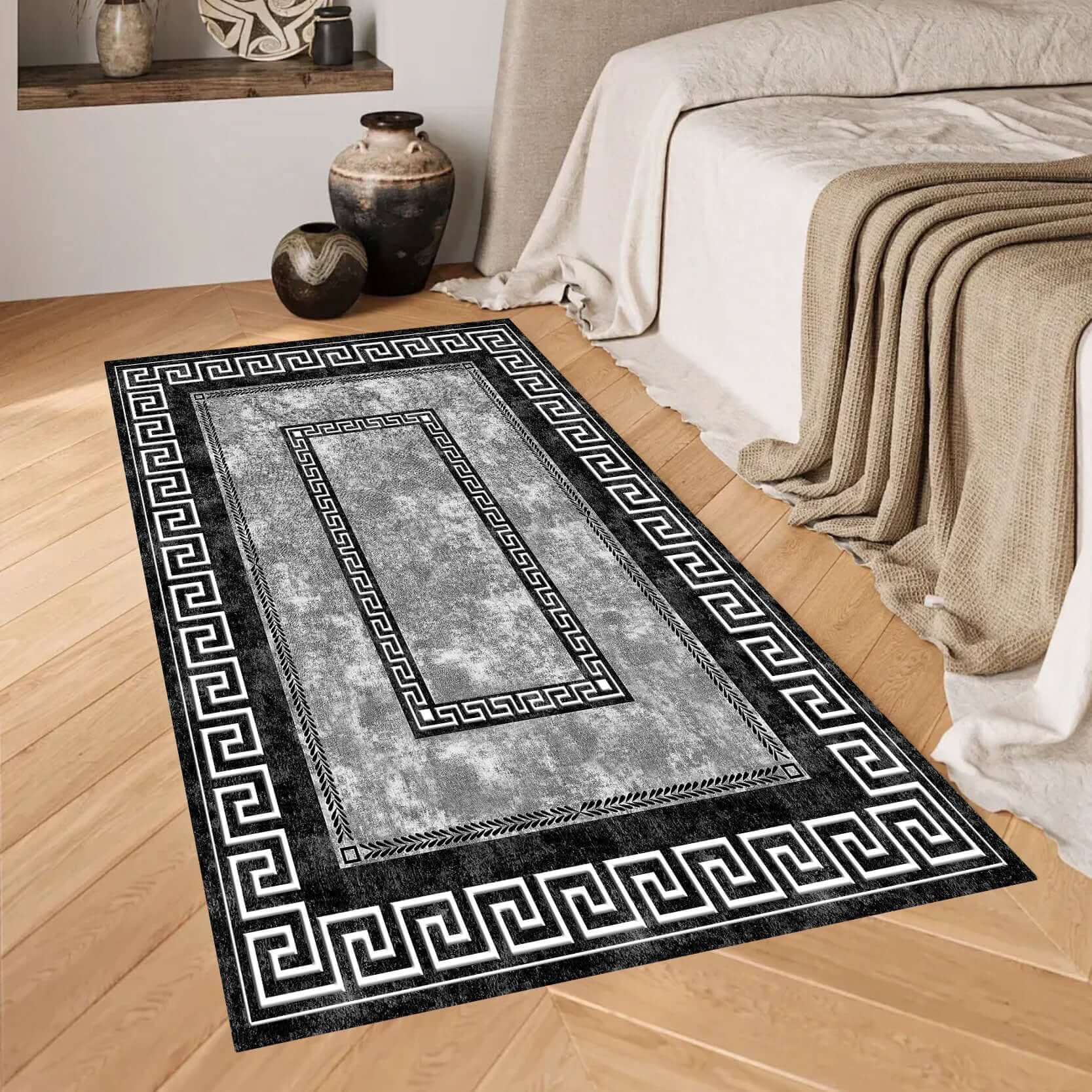 Monochrome Greek Key Border Turkish Rug showcasing bold simplicity and clean lines in a sophisticated living space.