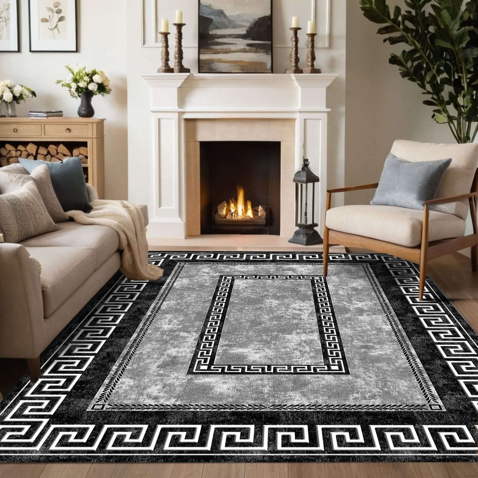 Monochrome Greek Key Border Turkish Rug displayed in a stylish living room setting with fireplace.