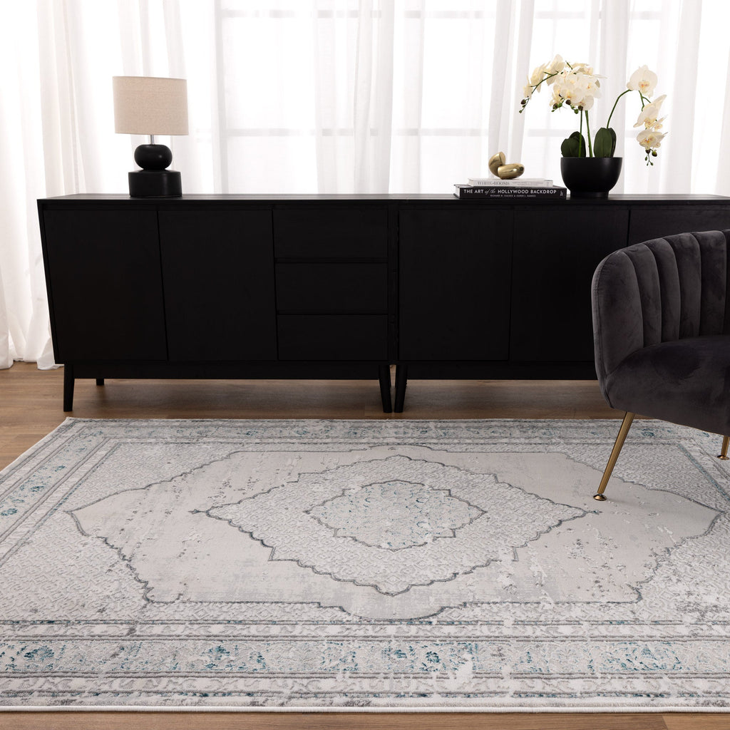 Vestige V001 Oriental Grey Blue Rug styled with furniture