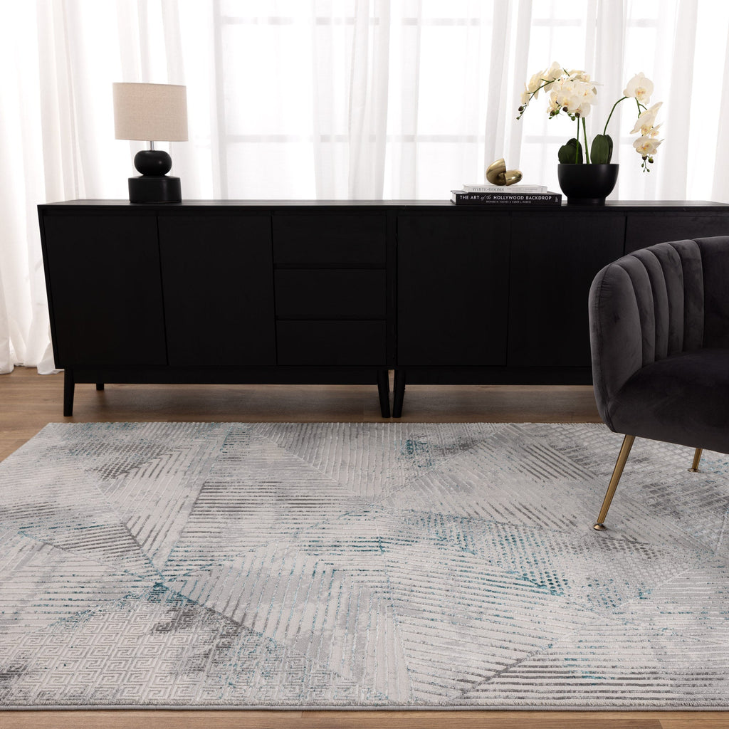 Vestige V003 Geometric Grey Blue Rug styled with furniture