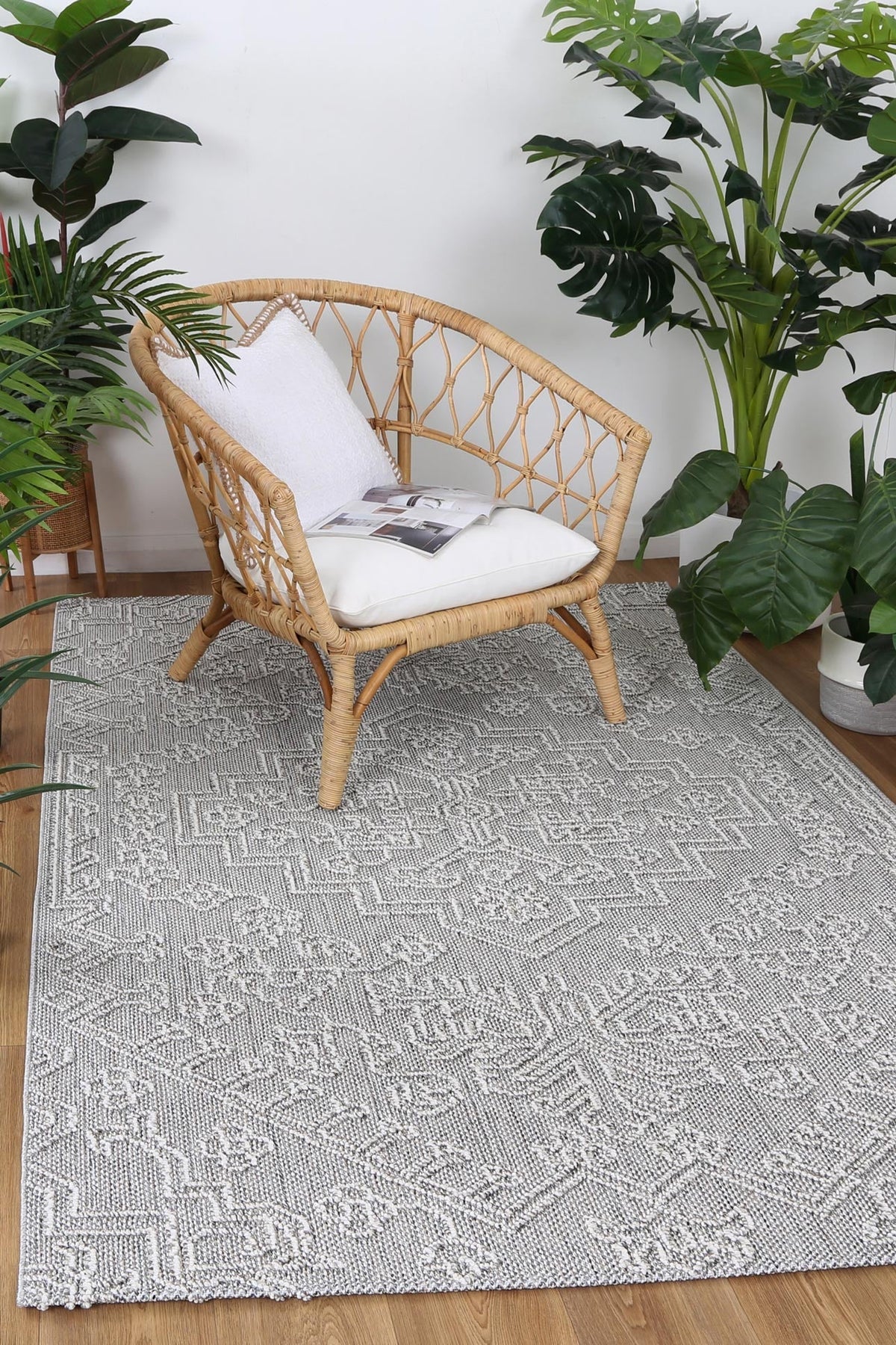 Vanuatu Nori Grey Tribal Flatweave Rug - 11 styled with furniture