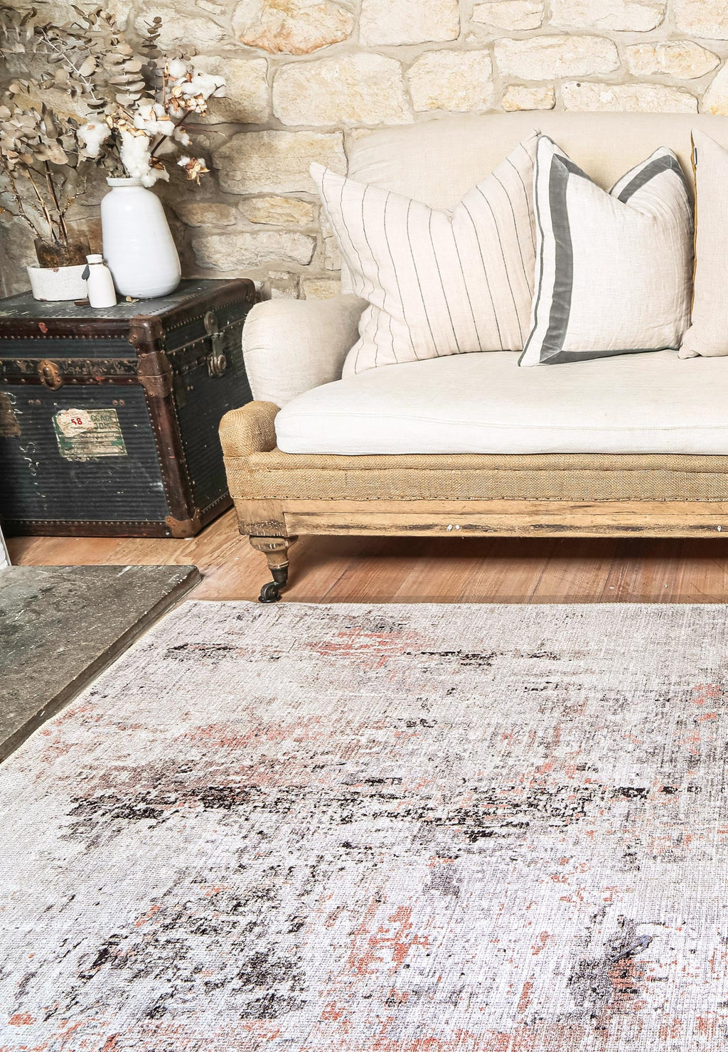 Vintage Crown Celine Blush Washable Rug - No Fringe styled with furniture