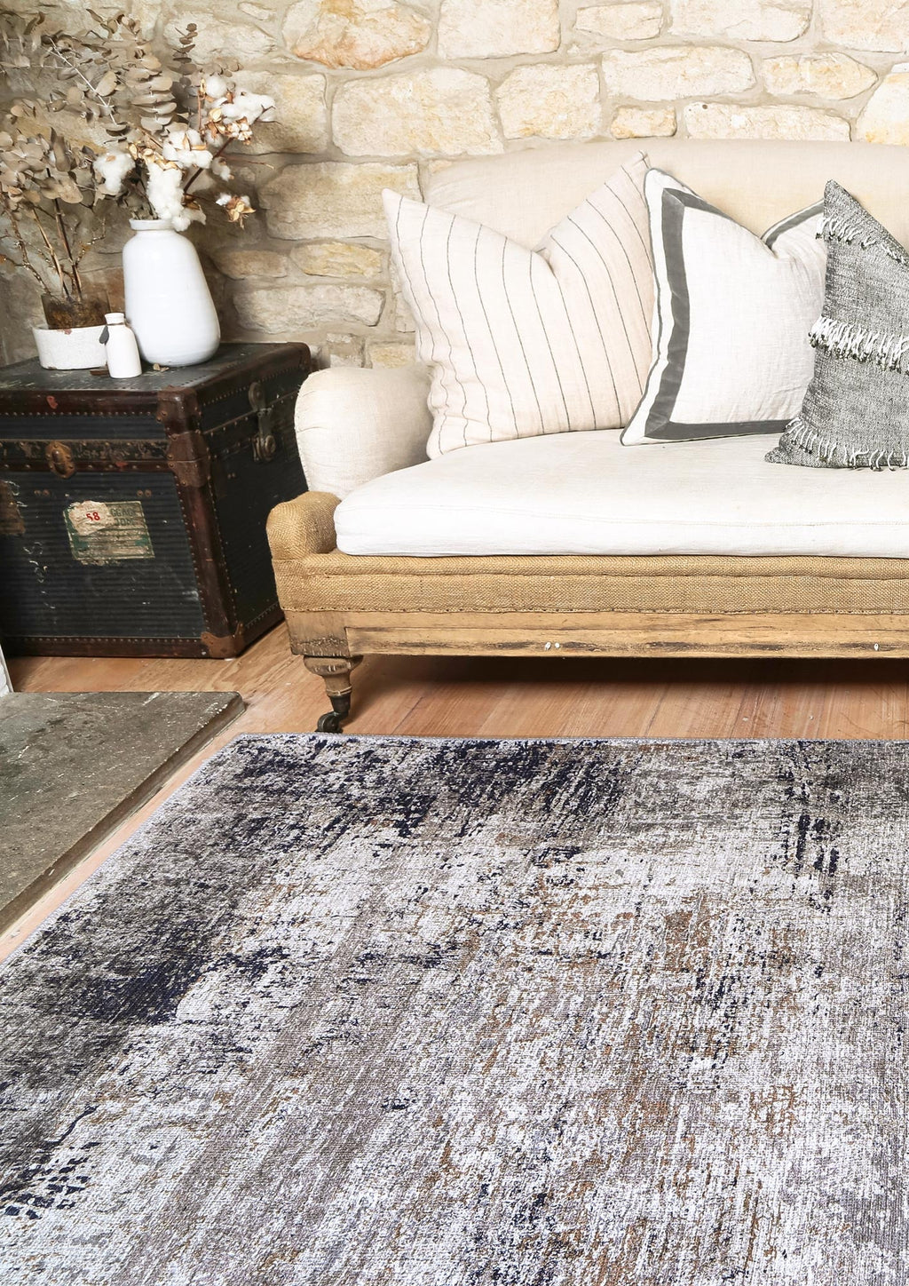 Vintage Crown Anne Echo Blue Grey Washable Rug styled with furniture