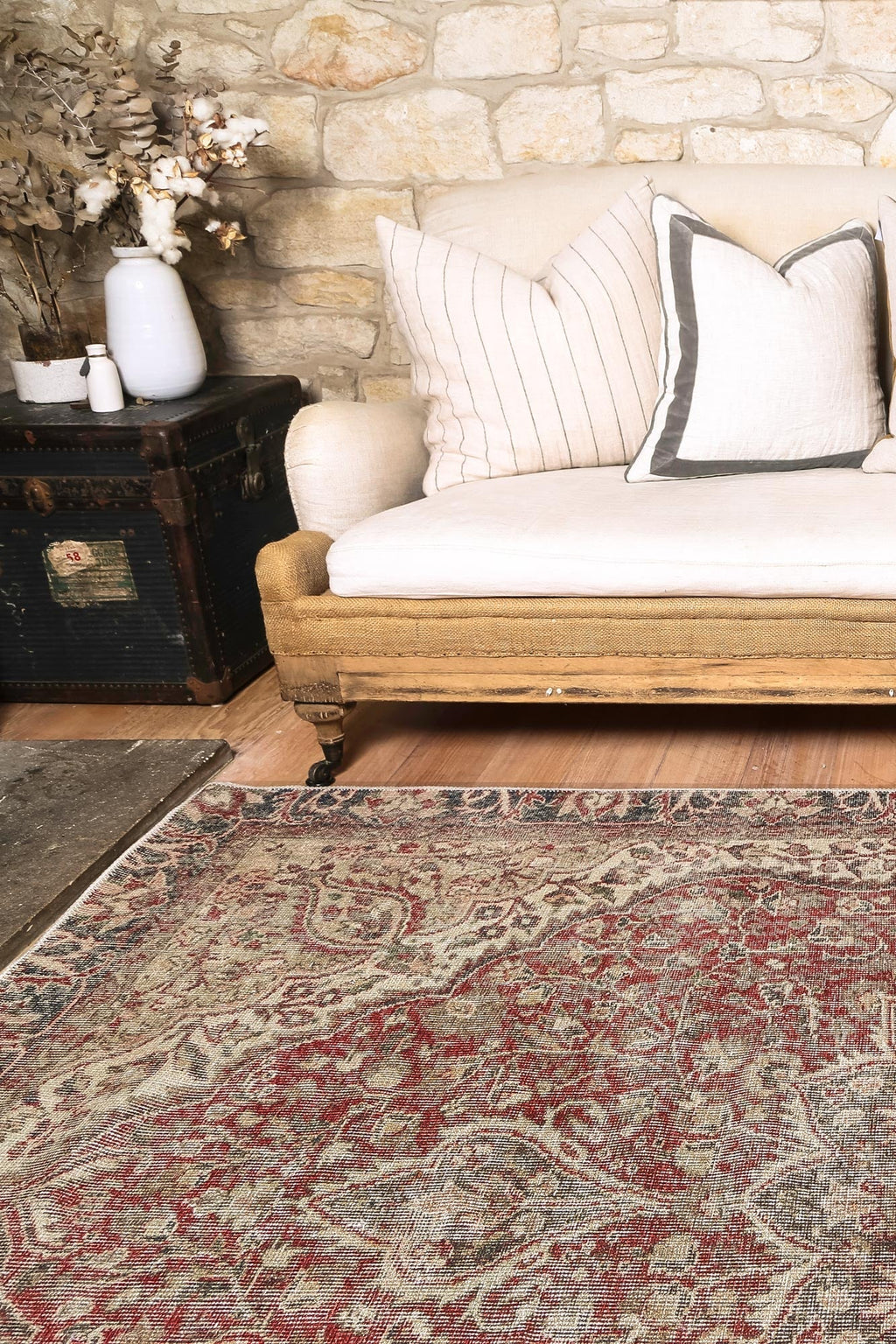 Vintage Crown Albert Red & Gold Distressed Vintage Rug -(2869-00) styled with furniture