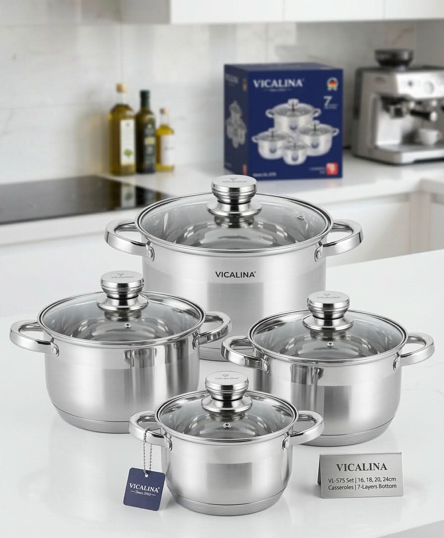 Vicalina Stainless Steel 8-piece casserole pot set with tempered glass lids on a kitchen counter.