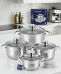 Vicalina Stainless Steel 8-piece casserole pot set with tempered glass lids on a kitchen counter.