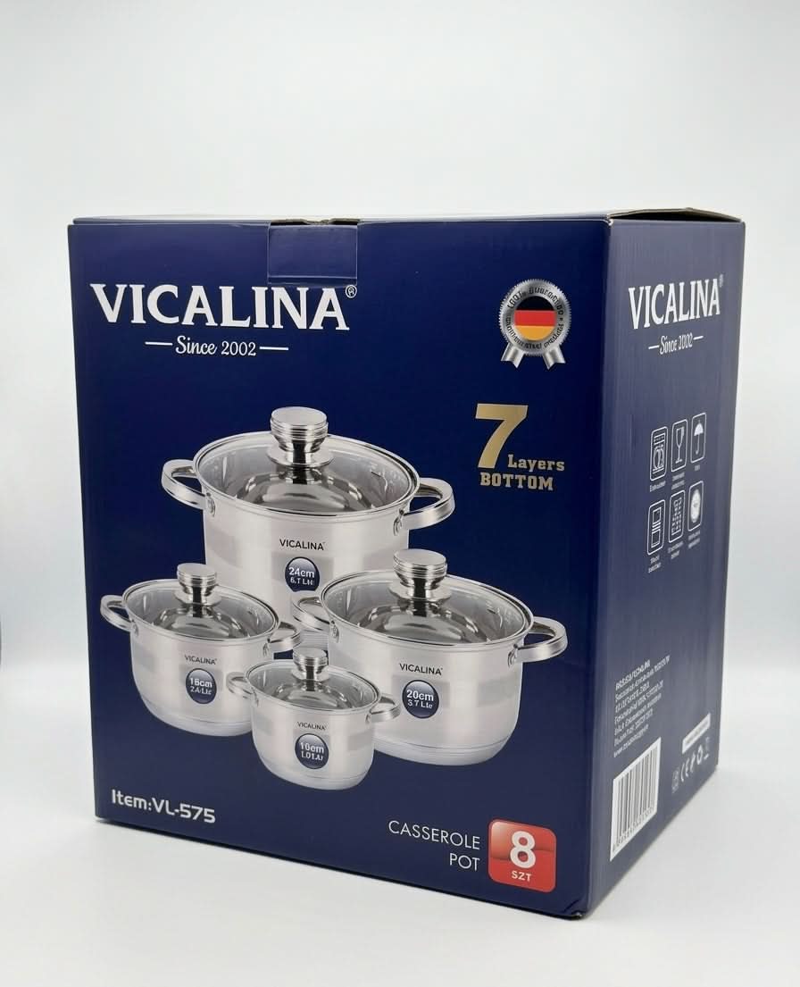 Vicalina Stainless Steel 8-Piece Casserole Pot Set packaging showcasing 7 layer bottom design and tempered glass lids.