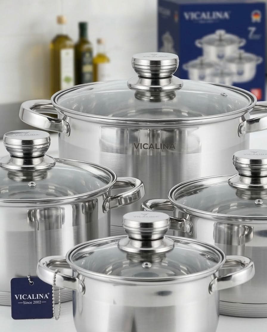 Vicalina Stainless Steel 8-piece casserole pot set with tempered glass lids on a kitchen countertop.