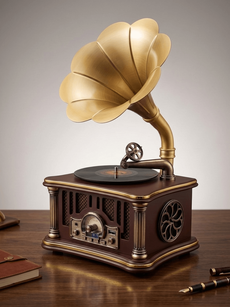 Vintage Gramophone Bluetooth Speaker on a wooden table showcasing its record player design.