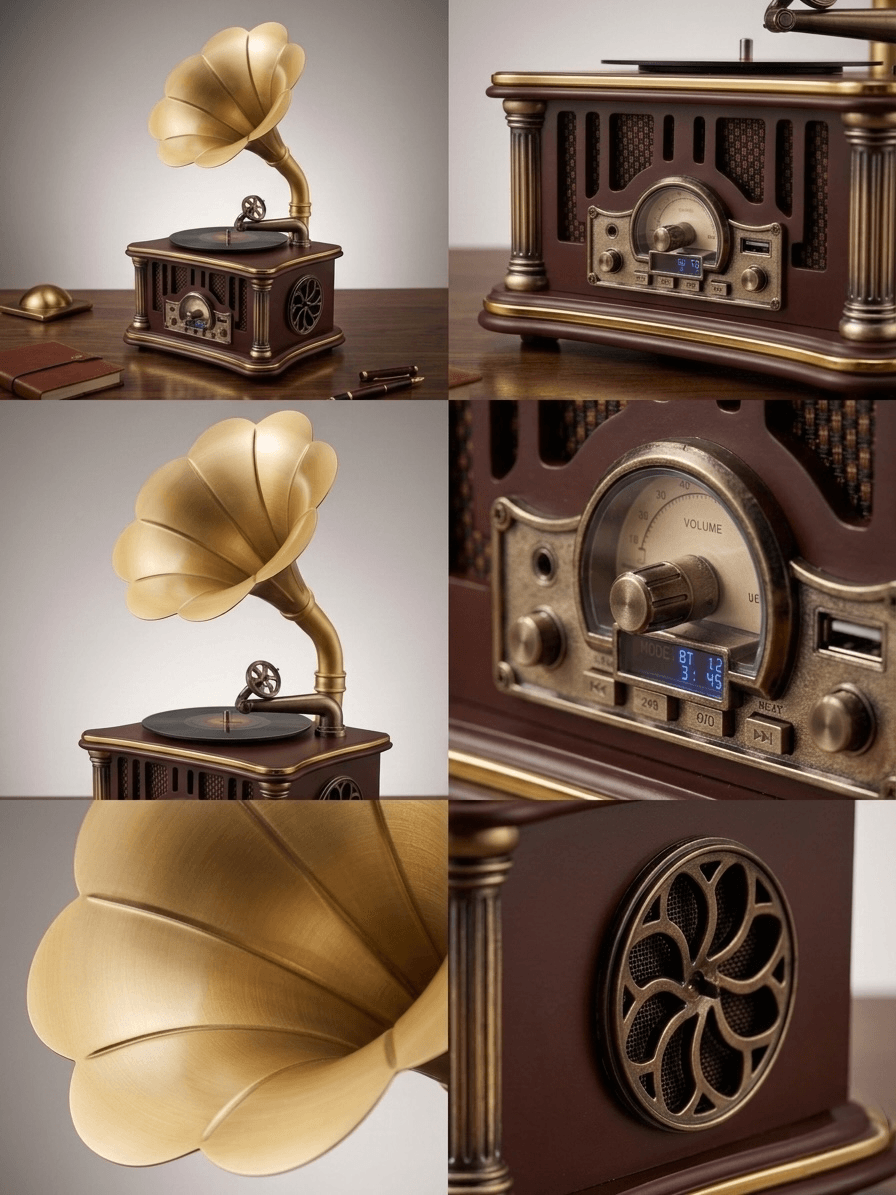 Vintage Gramophone Bluetooth Speaker showcasing intricate details and classic design elements.