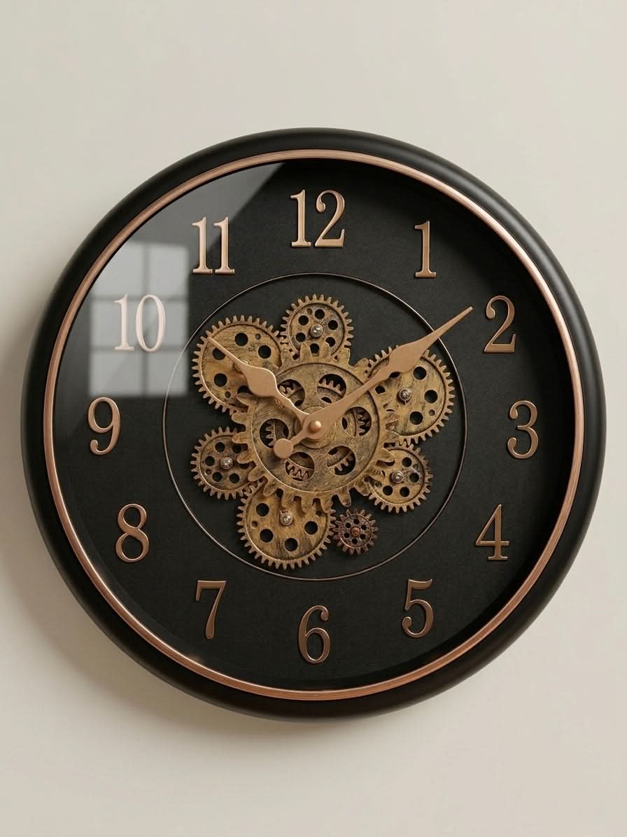 Vintage Industrial Gear Wall Clock 35cm with exposed gear design in black and gold.