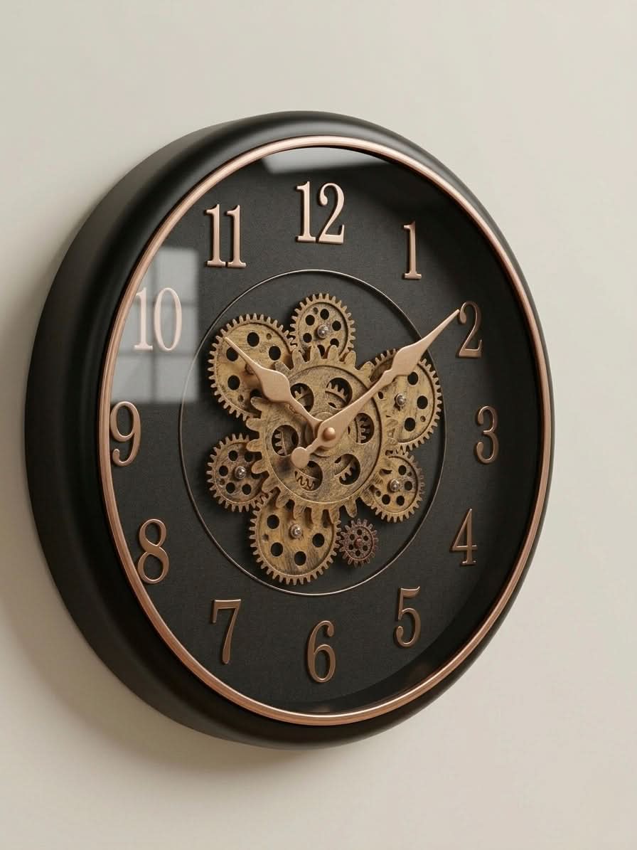 Vintage Industrial Gear Wall Clock 35cm in black and gold showcasing exposed gears and elegant design.