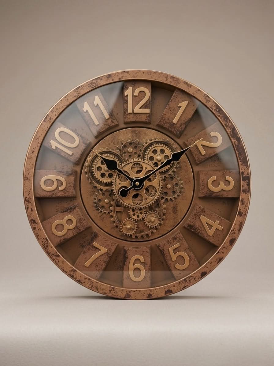 Vintage Industrial Gear Wall Clock 40cm with exposed gears and antique bronze finish, perfect for rustic décor.