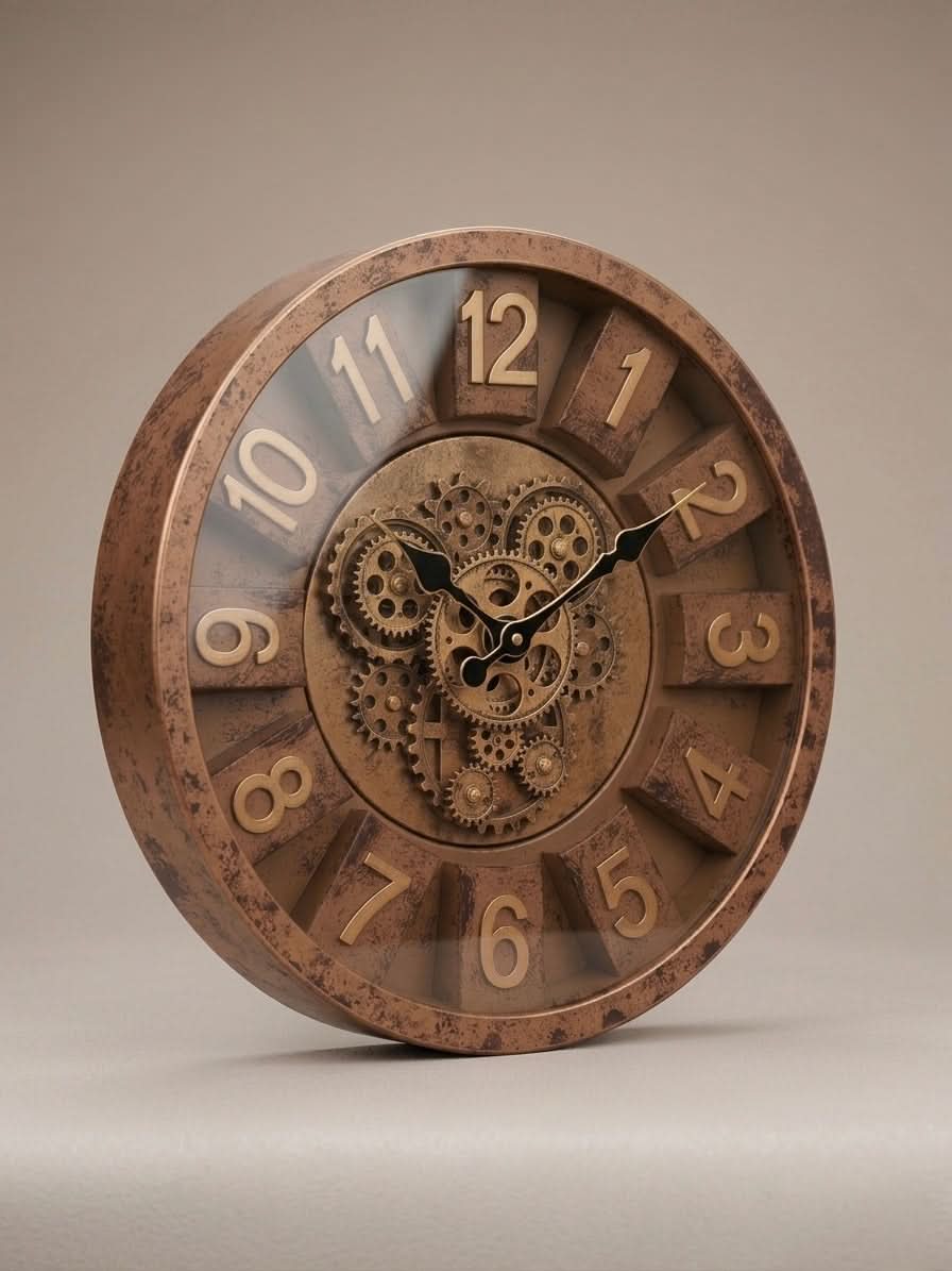 Vintage Industrial Gear Wall Clock 40cm with exposed gears and antique bronze finish on a neutral background.