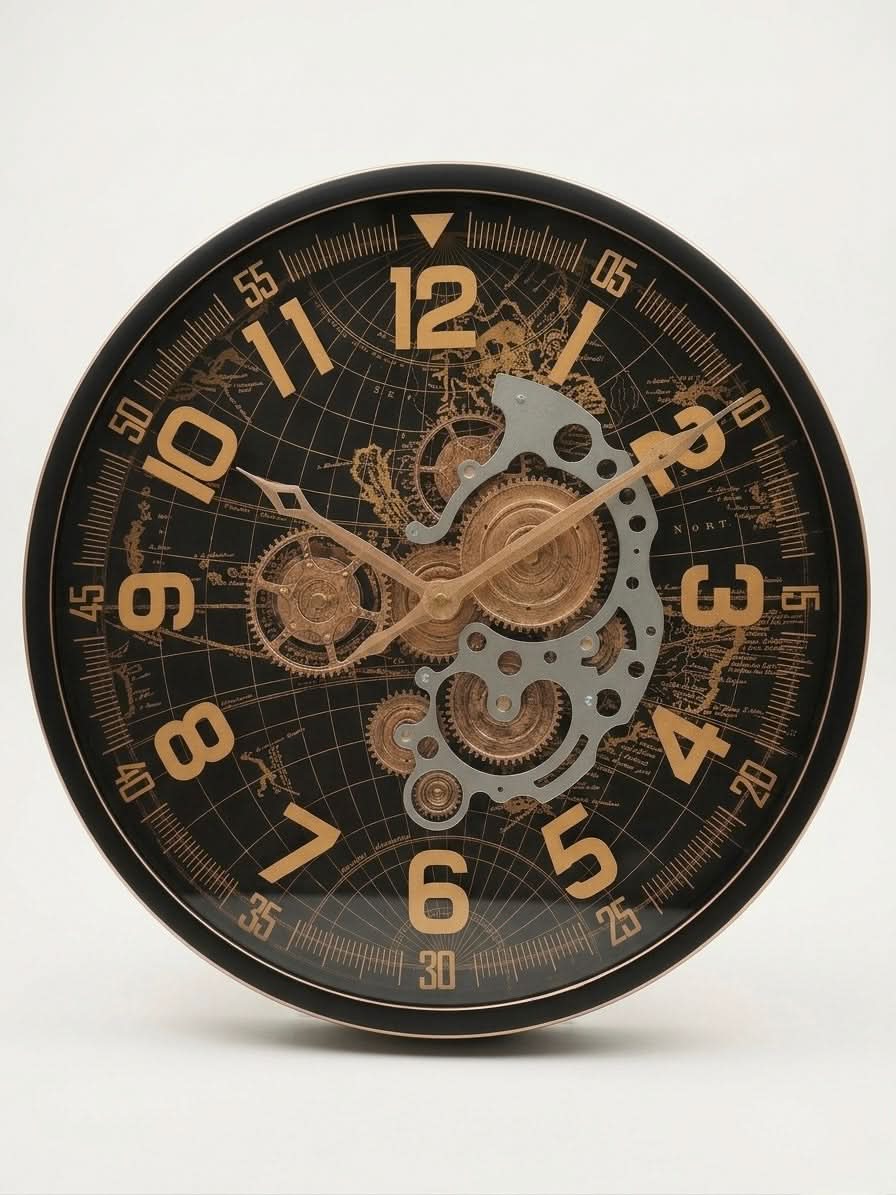 Vintage Industrial Gear Wall Clock 50cm featuring a world map background and exposed gear mechanism.