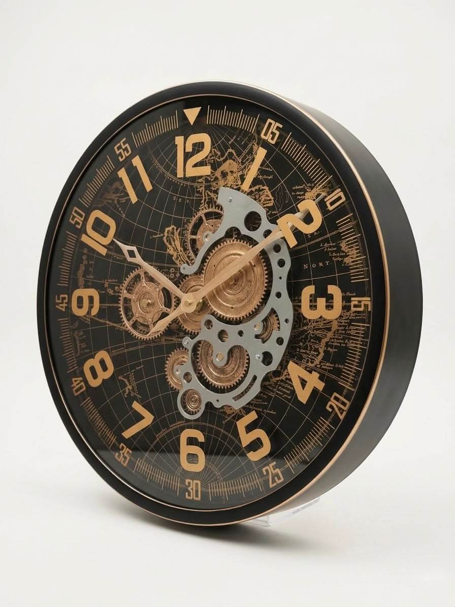 Vintage Industrial Gear Wall Clock 50cm showcasing a world map and exposed gear mechanism in stylish black and gold design.