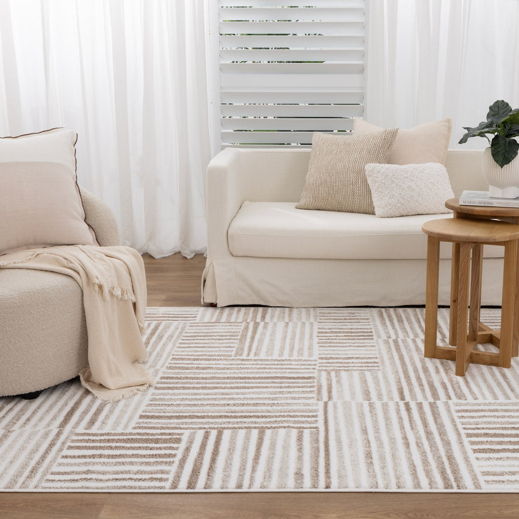 Wellington Geometric Lines Brown Rug - W001 styled with furniture