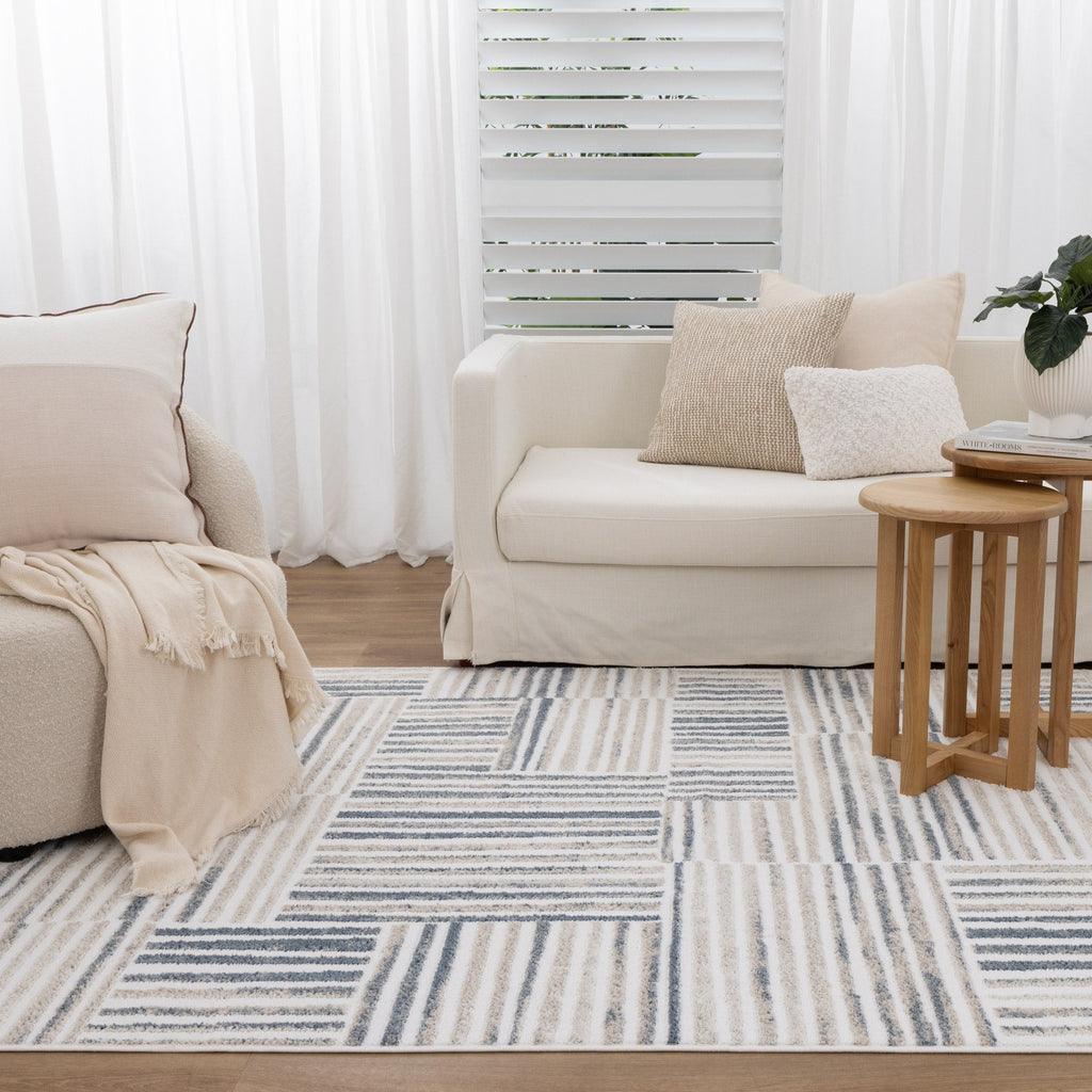 Wellington Geometric Lines Blue Rug - W002 styled with furniture