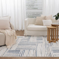 Wellington Geometric Lines Blue Rug - W002 styled with furniture