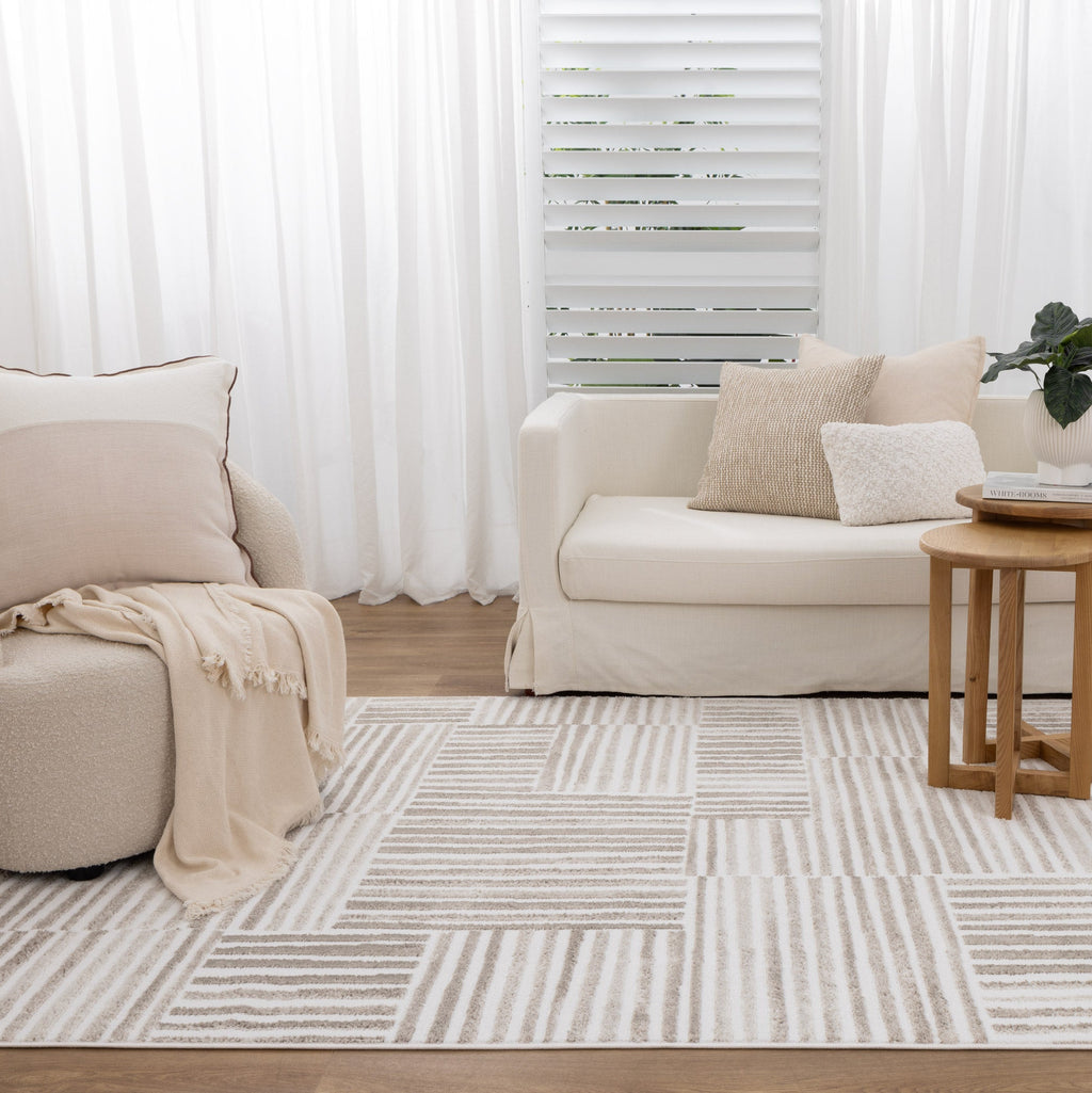Wellington Geometric Lines Beige Rug - W003 styled with furniture