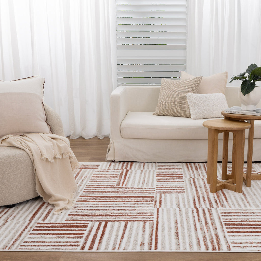 Wellington Geometric Lines Rust Rug - W004 styled with furniture
