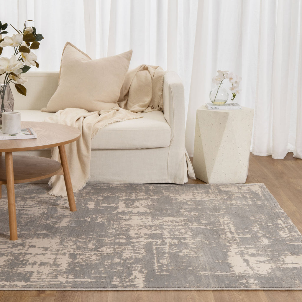 Pierre Cardin Whisper W004 Grey Beige Abstract Rug styled with furniture